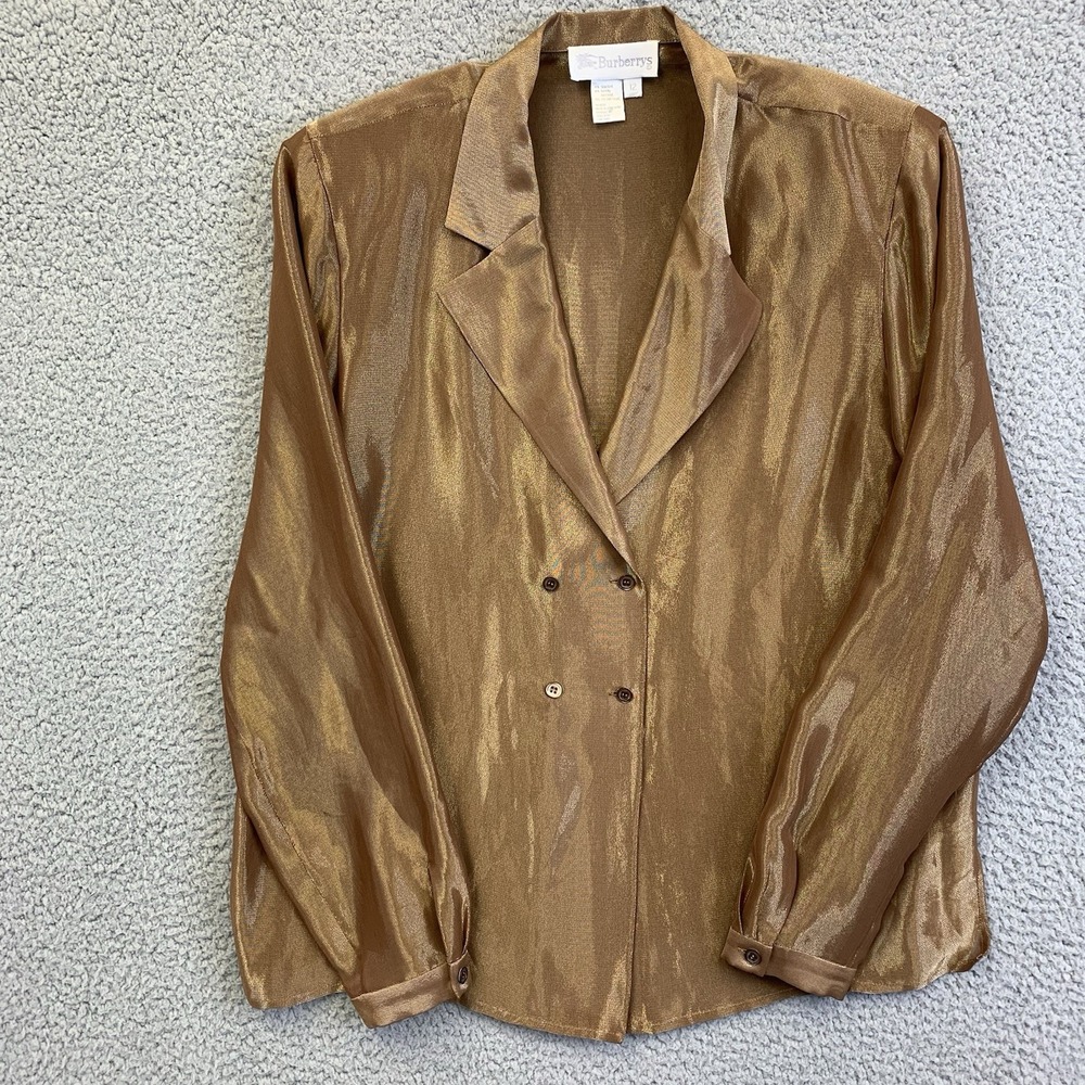 Burberry Silk Rayon Brown Gold Metallic Shimmer Button Up Blouse Women's Size 12